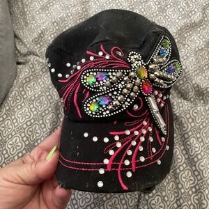 Embellished Black Cap with Dragonfly Design